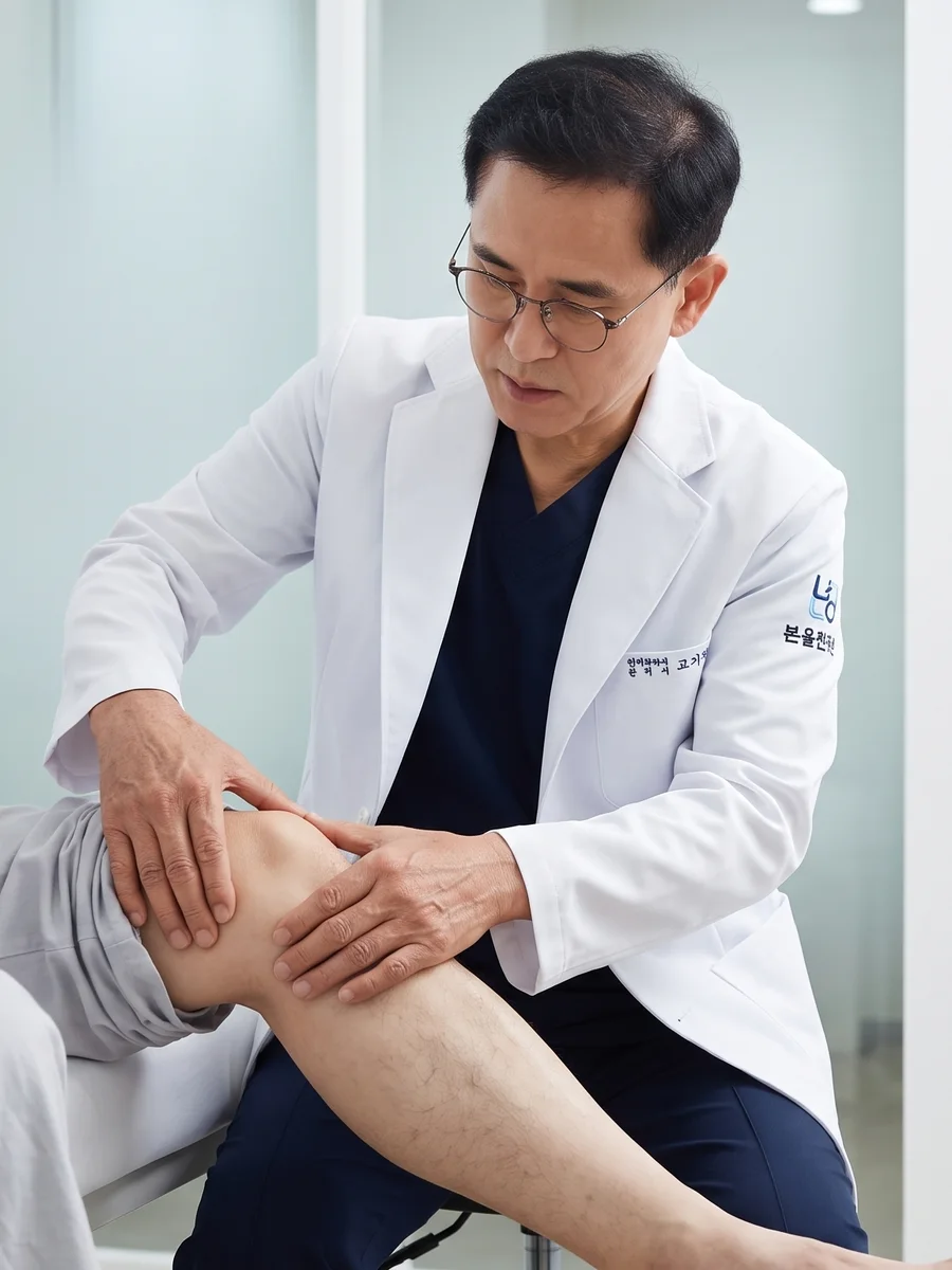 원장이 환자의 무릎 상태를 직접 촉진하며 확인하는 모습